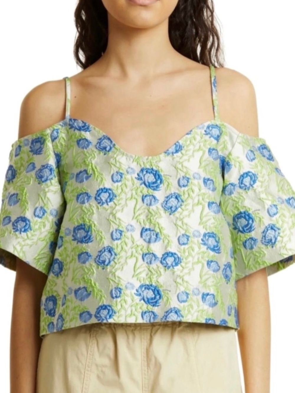 GANNI FLORAL JACQUARD COLD-SHOULDER TOP